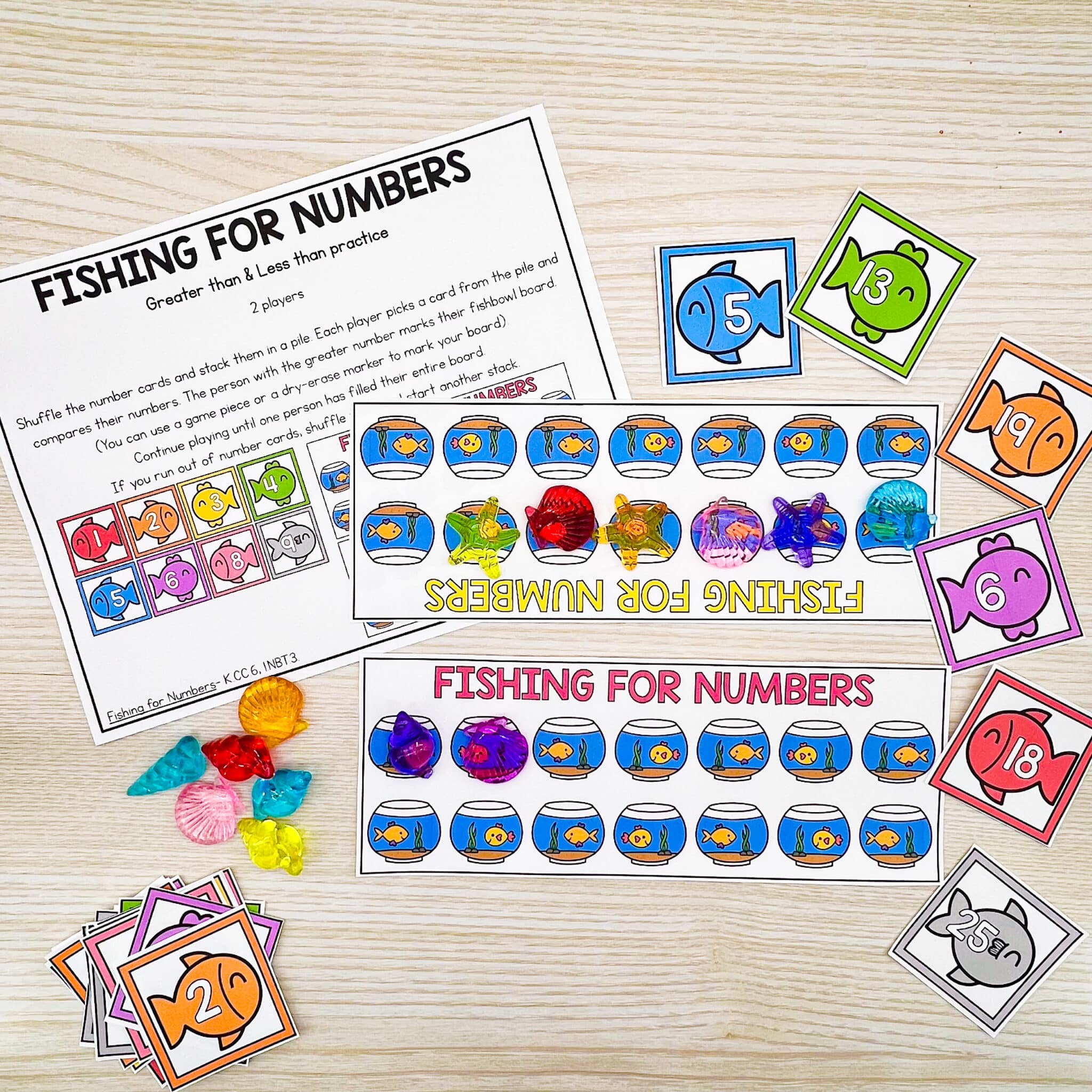 Fishing for numbers game mats, numbered fish cards, and instructions