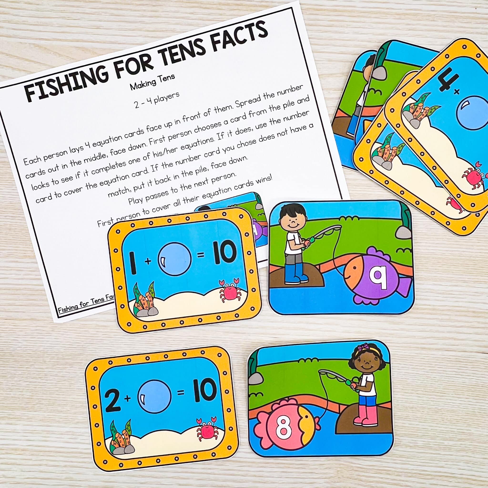 Fishing for Tens Facts instructions and game pieces