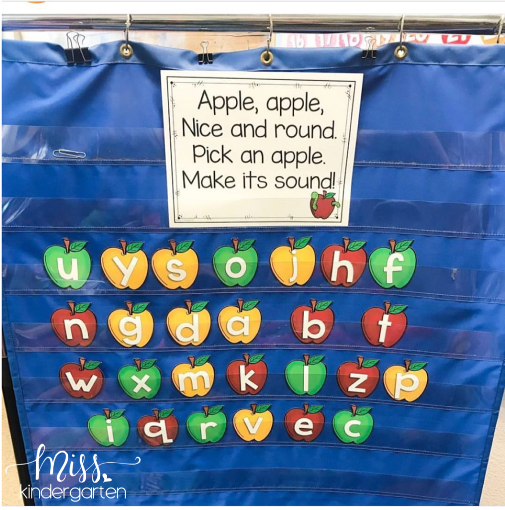 Apple letter cards in a blue pocket chart with a poem.