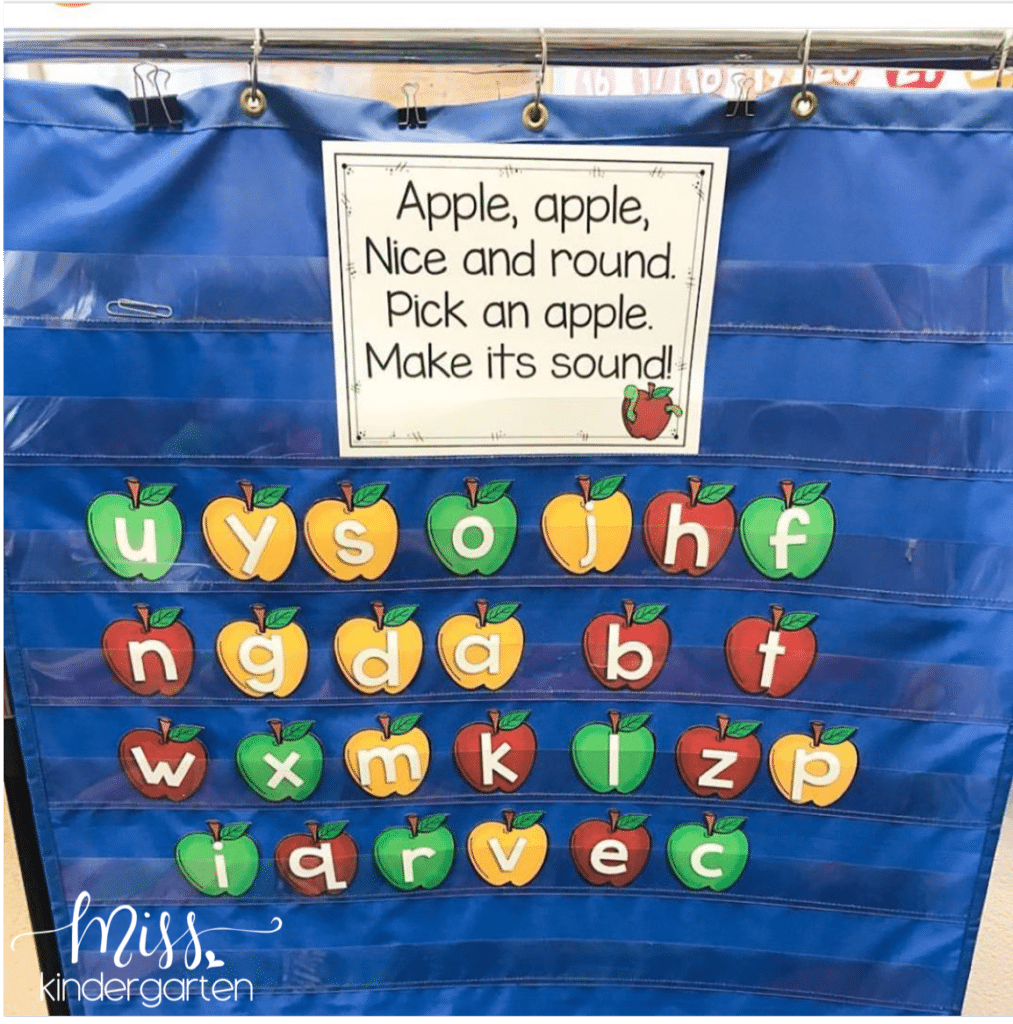 Apple letter cards in a blue pocket chart with a poem.