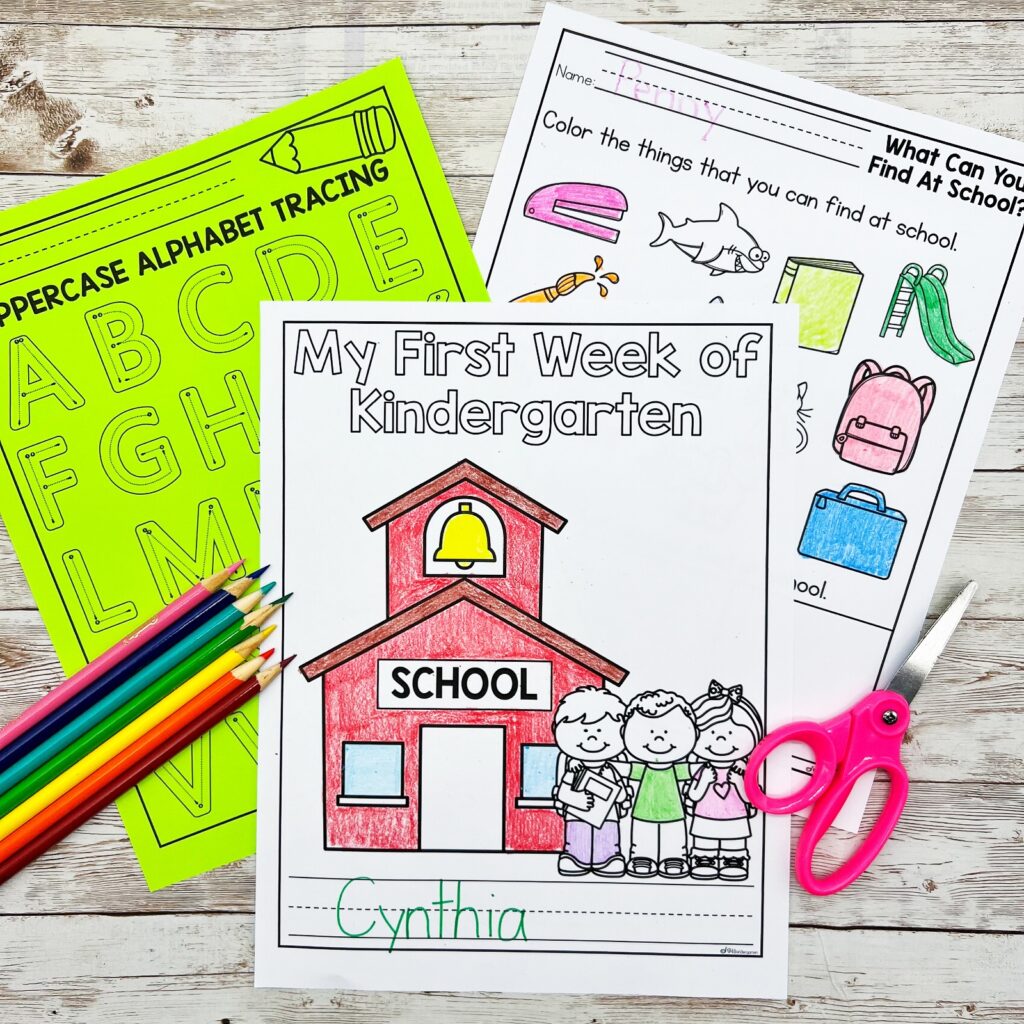 Three completed worksheets for the first week of kindergarten