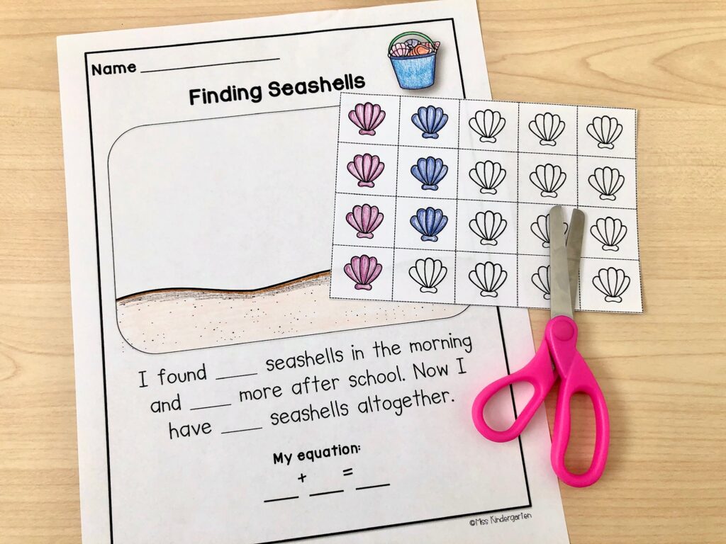 A beach-themed activity where students write and solve their own equation about seashells