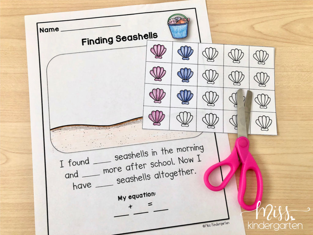 example of students making their own math word problems using paper seashells
