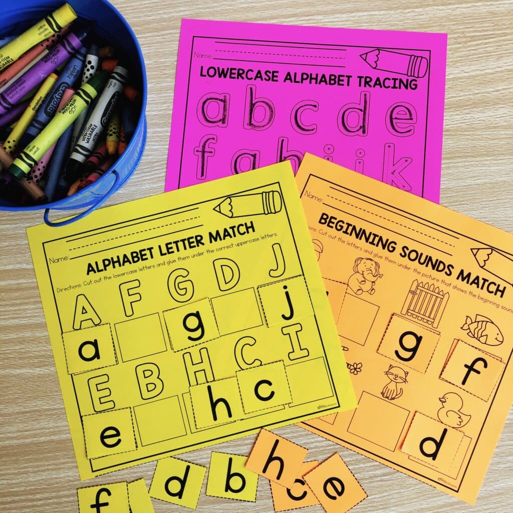 Three alphabet practice worksheets printed on bright paper