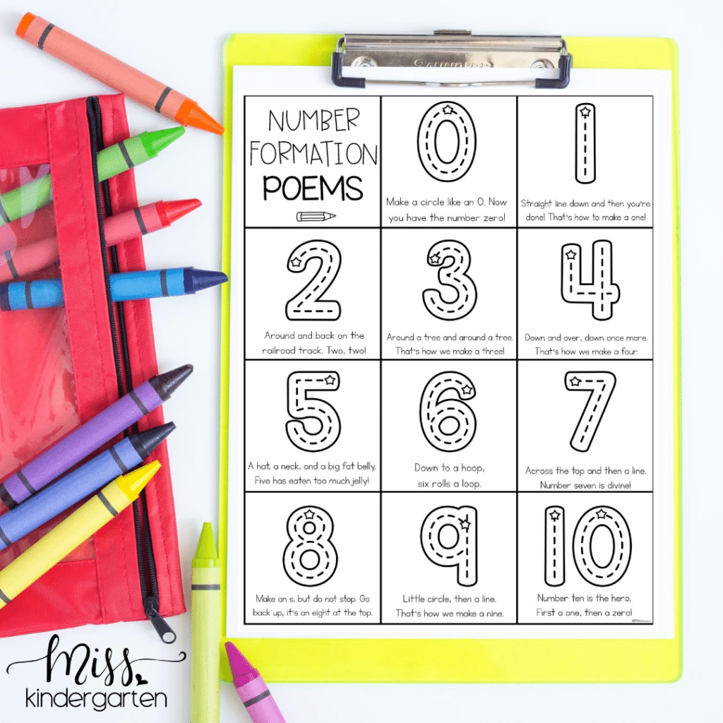 A number formation poems reference sheet on a clipboard