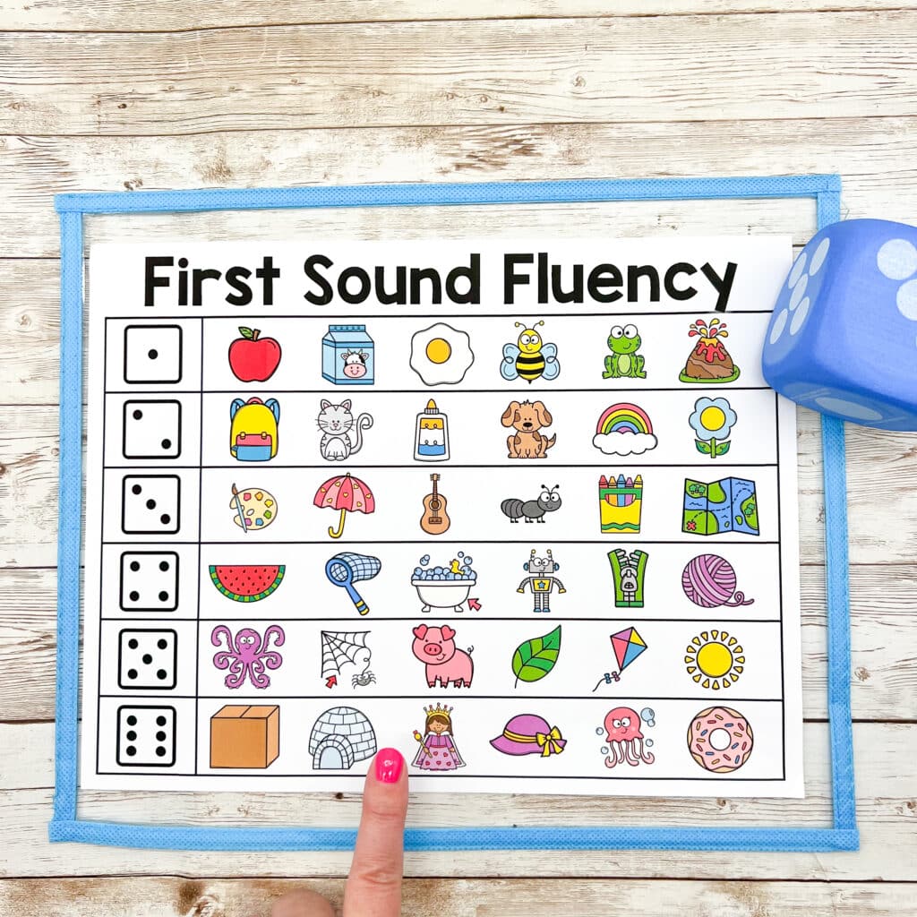 First sound fluency game sheet with a foam die