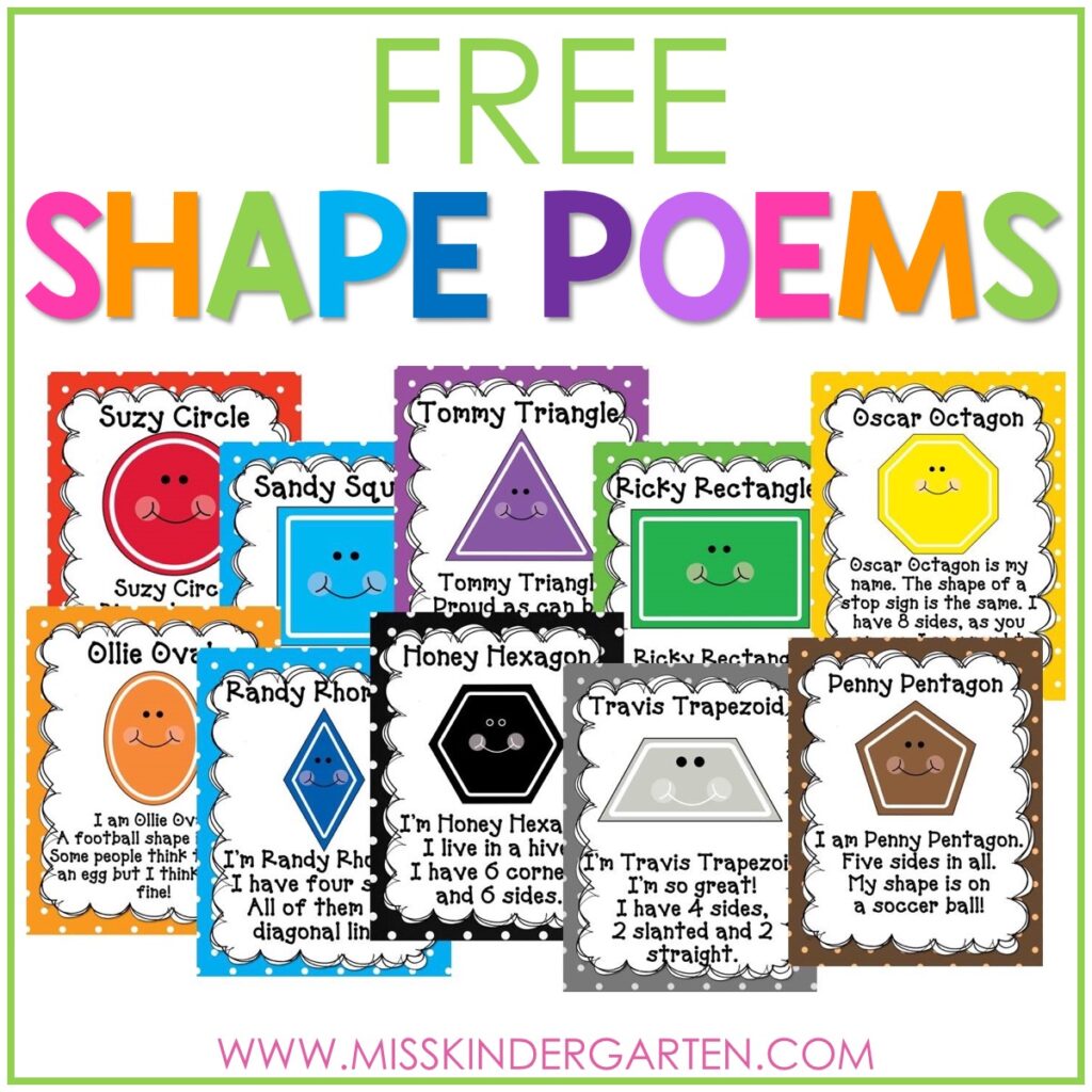 Ten colorful cards with two dimensional shapes with corresponding poems.