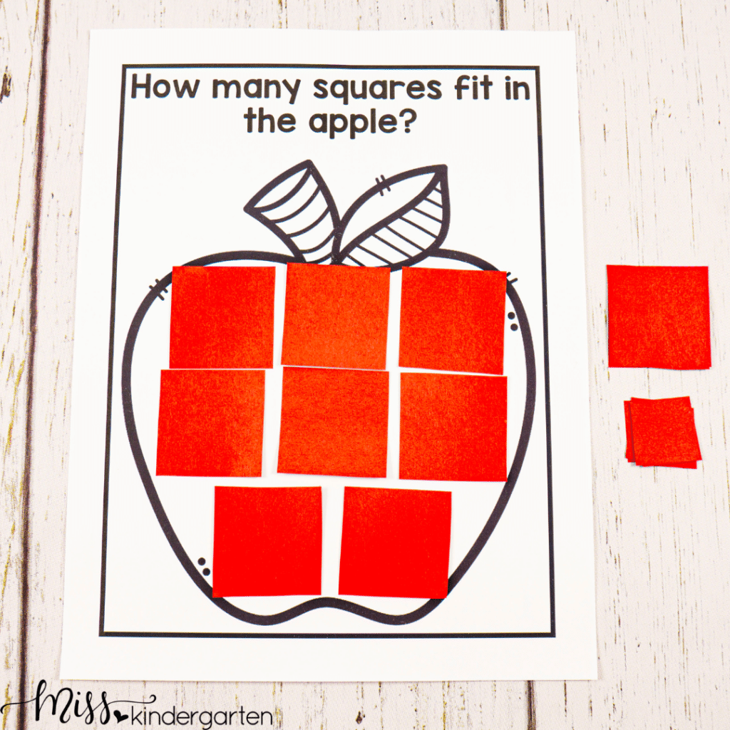 this fall STEM activity is great for counting and lays a foundation for geometry skills too as students work to see how many square they can fit in the apple