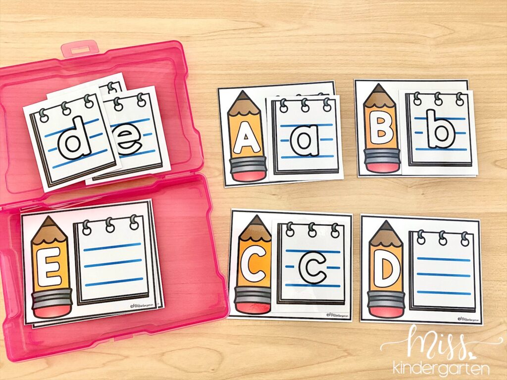 Back to school themed task card center activity, where students match upper and lower case letters.