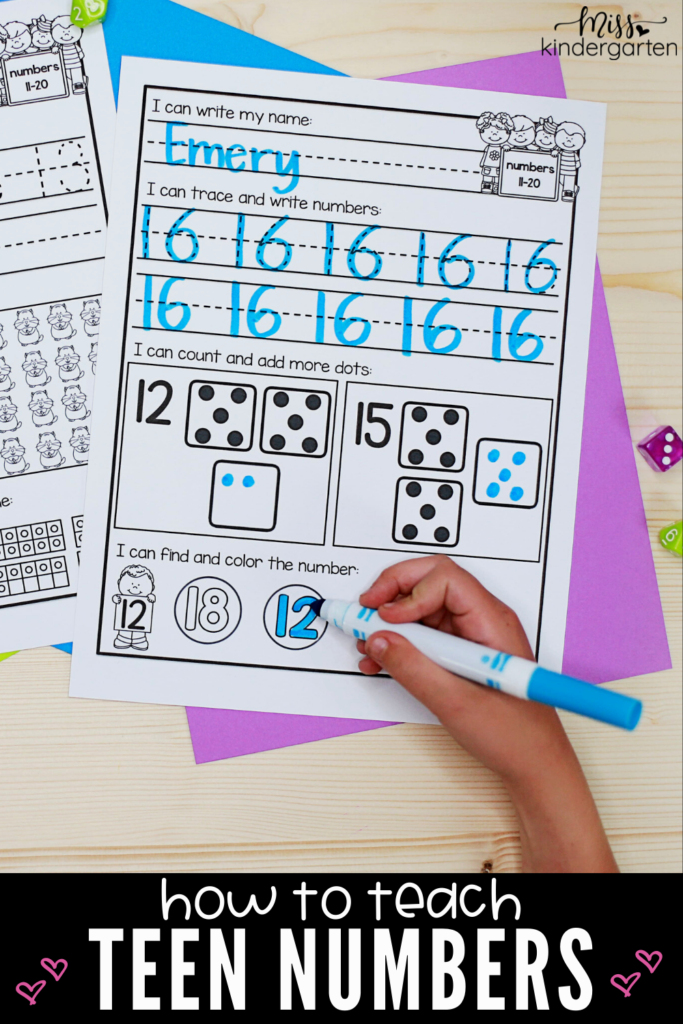 How to teach teen numbers - student is completing a teen number worksheet with blue marker