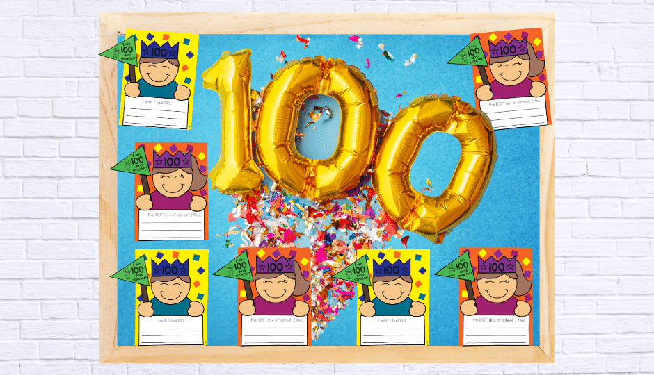 This 100th Day of School bulletin board creates a sense of celebration while showing off student work