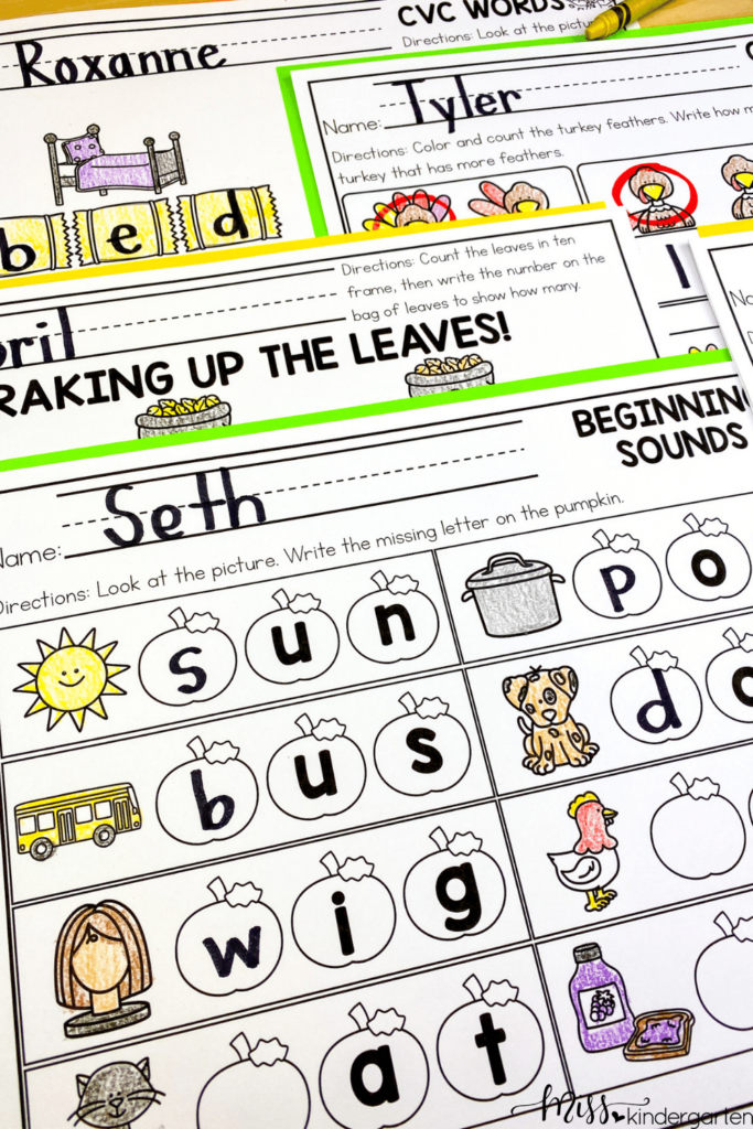 No Prep Printables for kindergarten provide math and literacy activities with a monthly theme