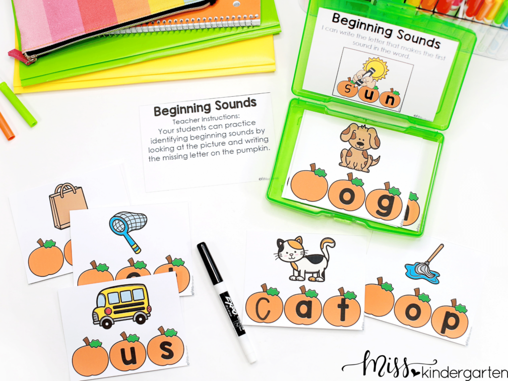 Students will practice identifying beginning sounds with these fall themed center cards.