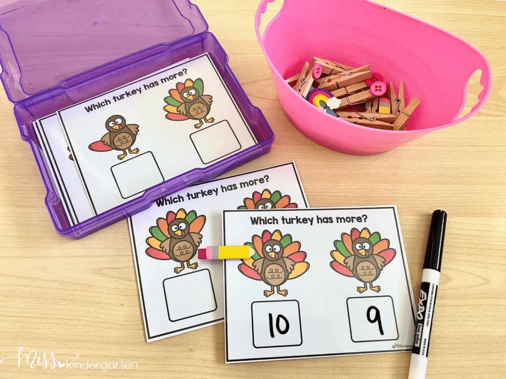 Introduce and practice comparing numbers with this fun turkey themed November math center for kindergarten