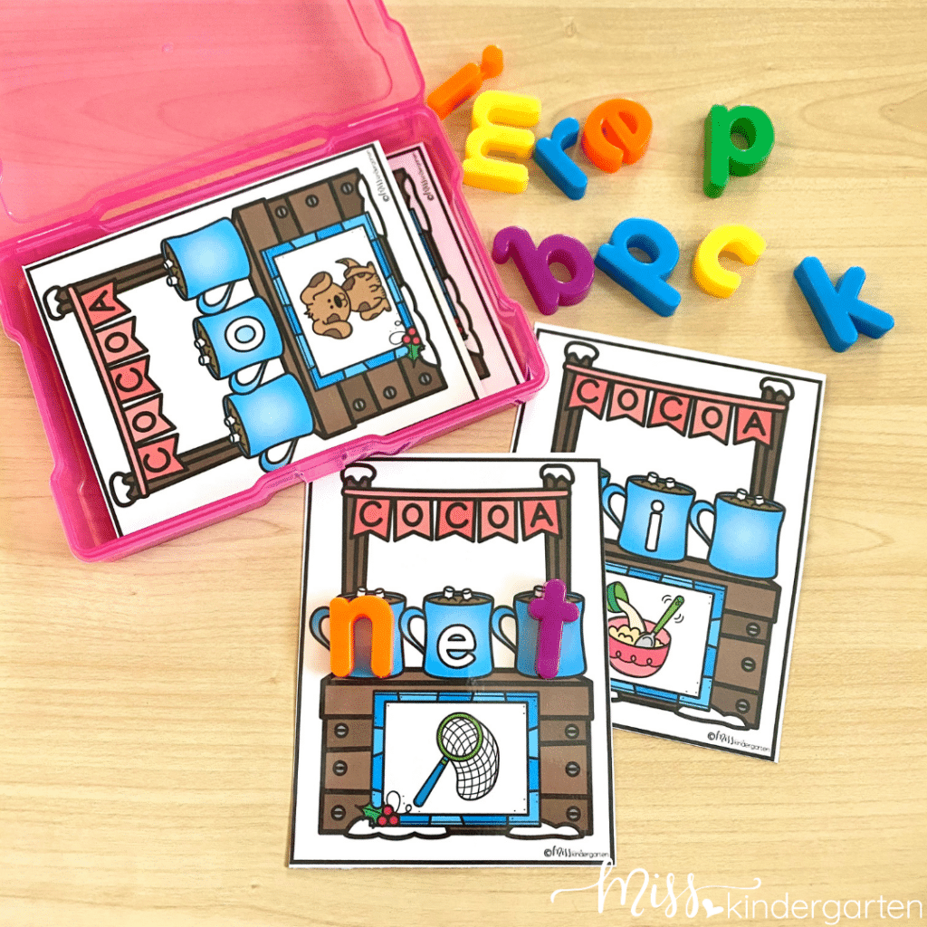 Cocoa stand task cards with mugs for spelling out CVC words