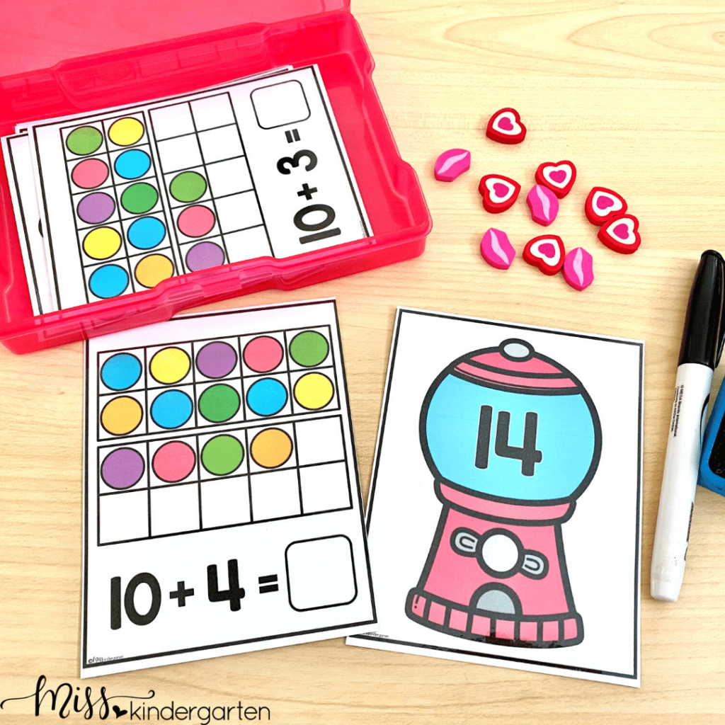 Help students practice building teen numbers with this February math center