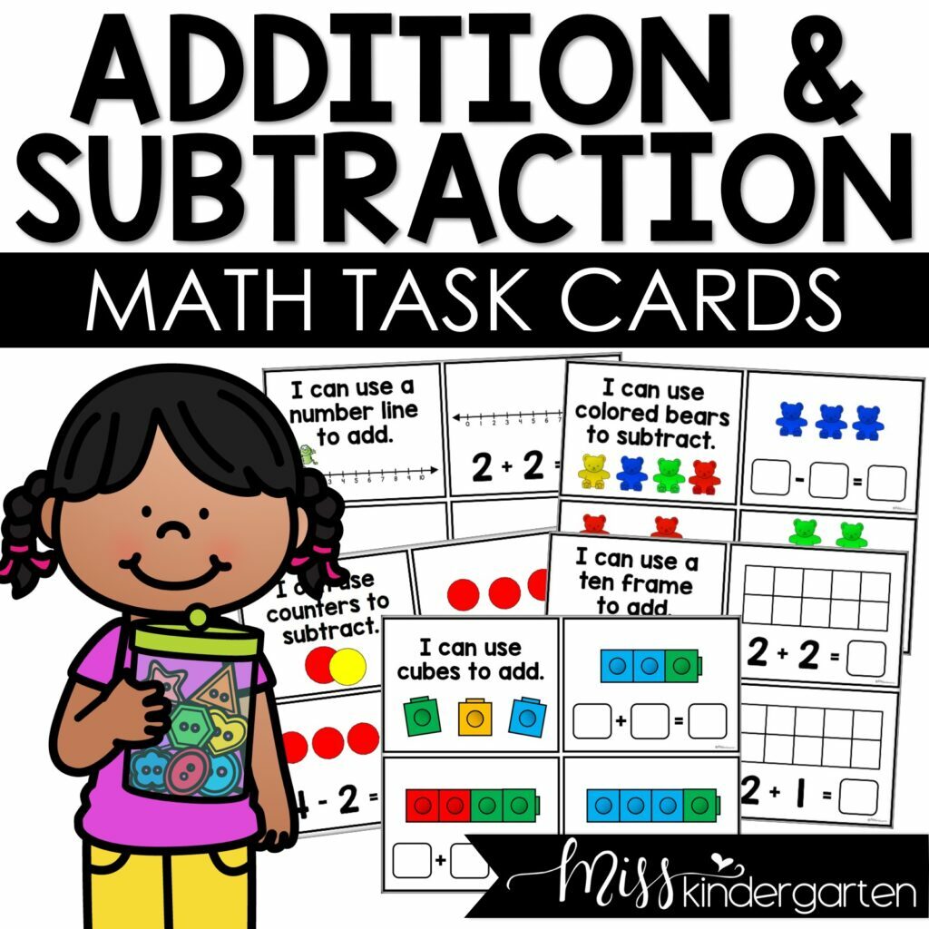 These addition and subtraction math cards are a fun and engaging way to help teach kindergarten math skills like addition and subtraction in a fun and engaging way.