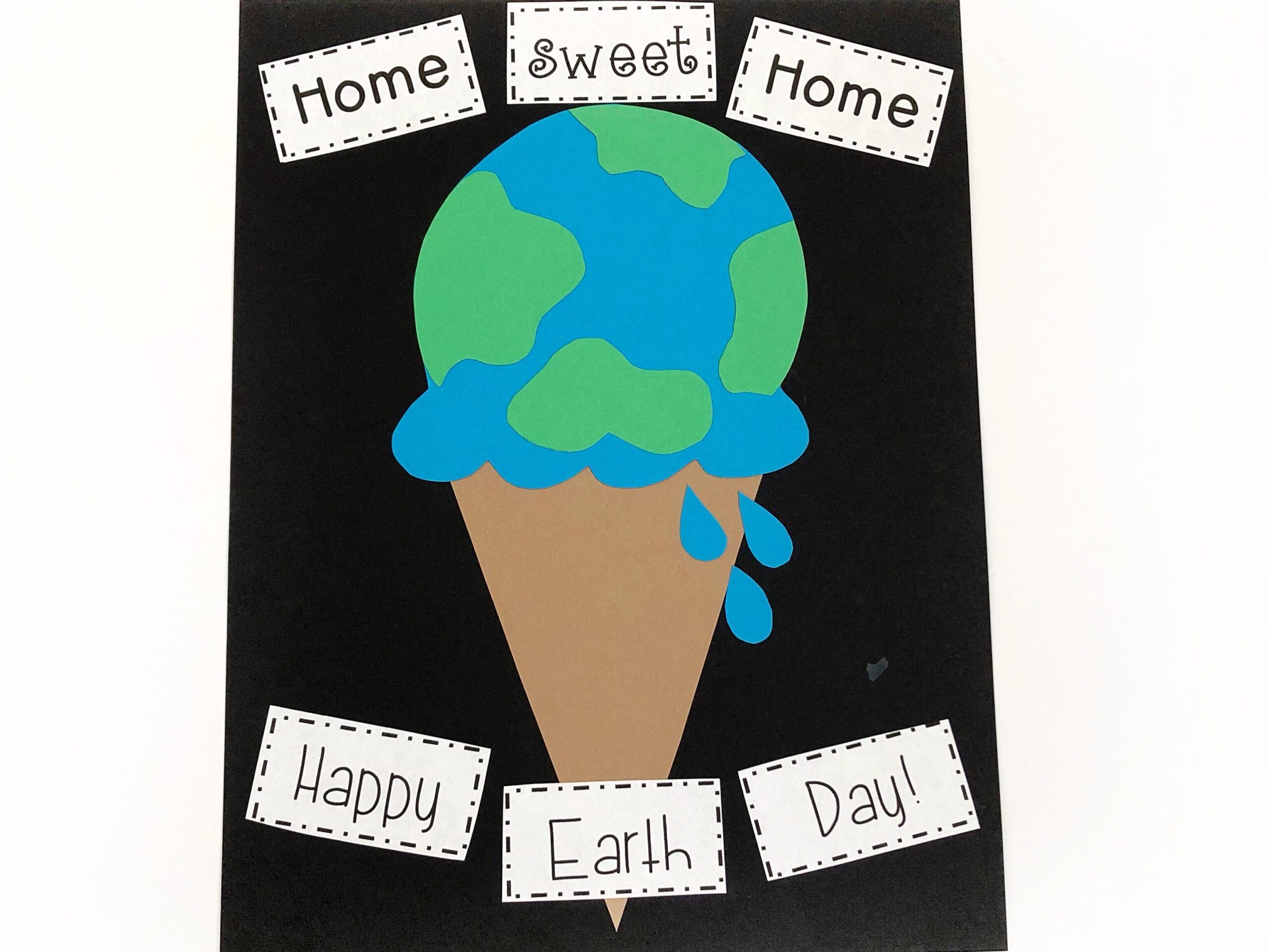 Paper craft with ice cream cone decorated to look like an Earth.  Text on the craft says "Home Sweet Home.  Happy Earth Day!"