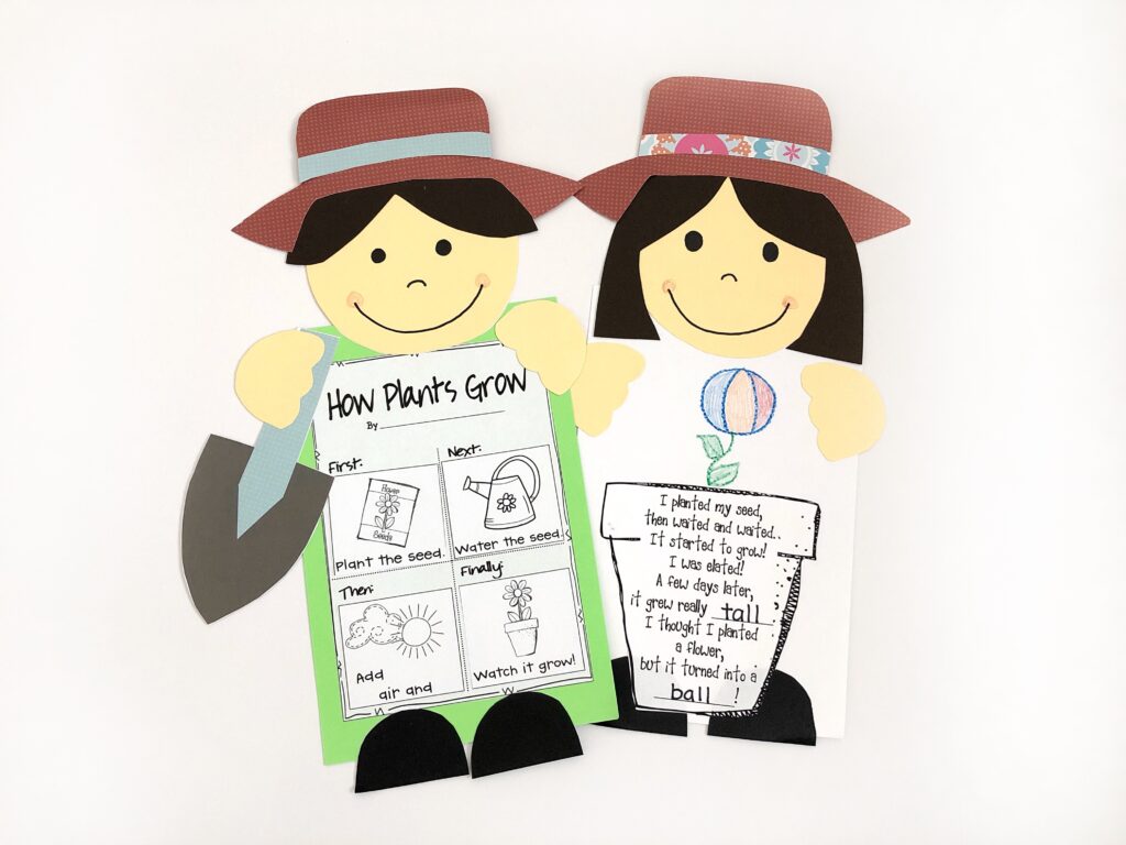 A boy and girl gardener made of construction paper are holding a display of a poem and sequencing activity.