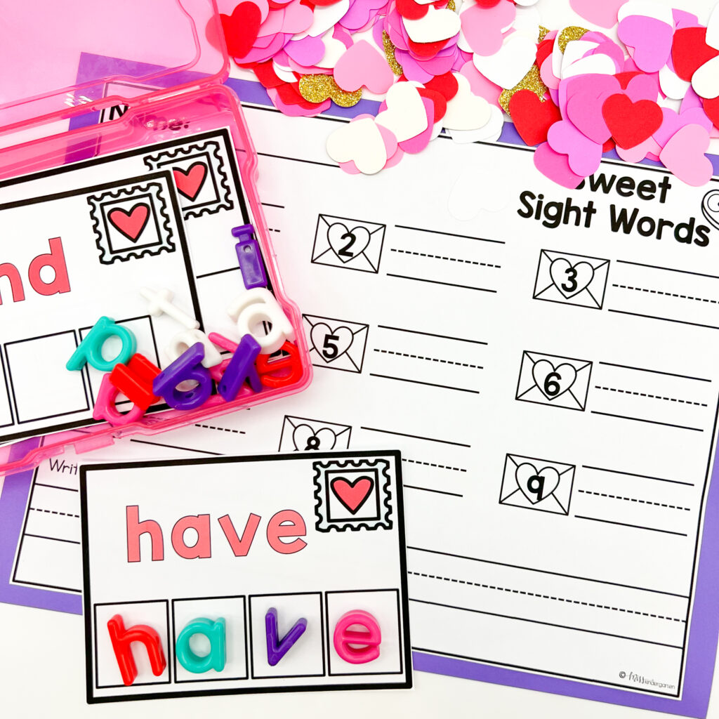 Sweet Sight Words Valentine's Day center for kindergarten is being used with letter manipulatives.