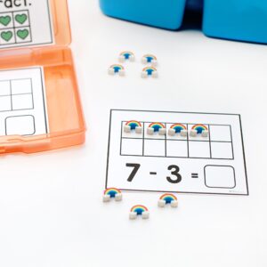 A subtraction task card is being used with rainbow mini erasers modeling the equation 7-3= on a ten frame.