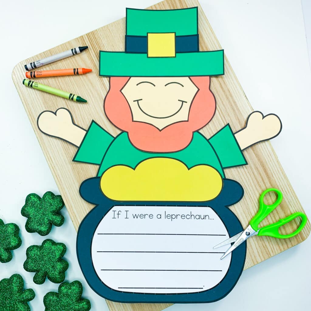 Paper craft of leprechaun and a pot of gold. A lined piece of paper is attached that says "If I were a leprechaun..." at the top.