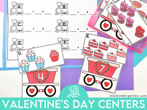 Photo shows a Valentine's Day themed centers activity with a text box at the bottom which reads "Valentine's Day Centers."