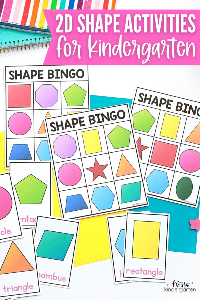 Three Shape Bingo cards with corresponding cards for playing the game.  A pink banner says "2D Shape Activities for Kindergarten"