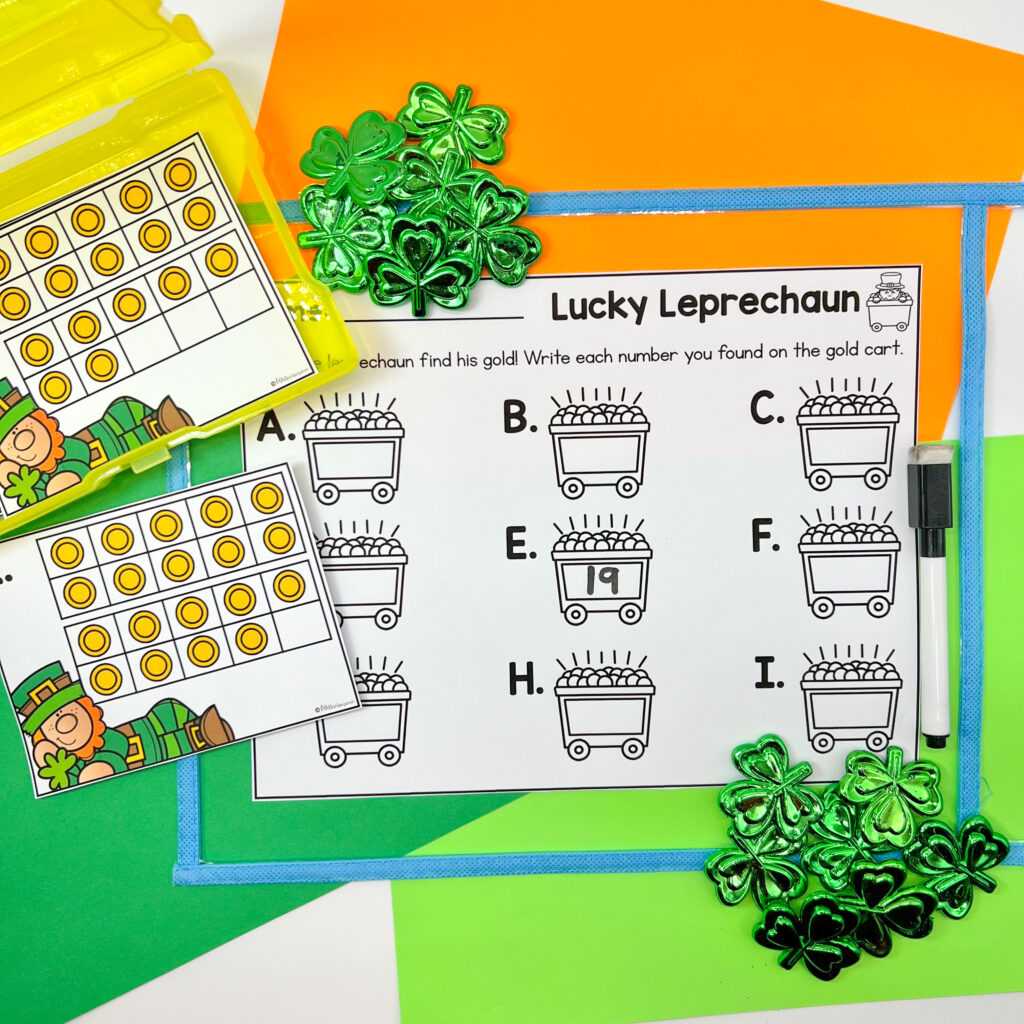 Lucky Leprechaun center in use, with shamrock counters on the desk.