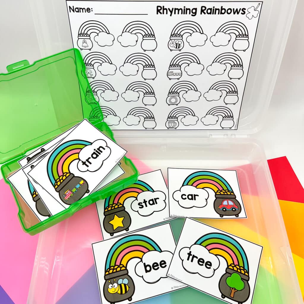 Rhyming Rainbows center in use, with the rainbow cards being matched up on the desk.