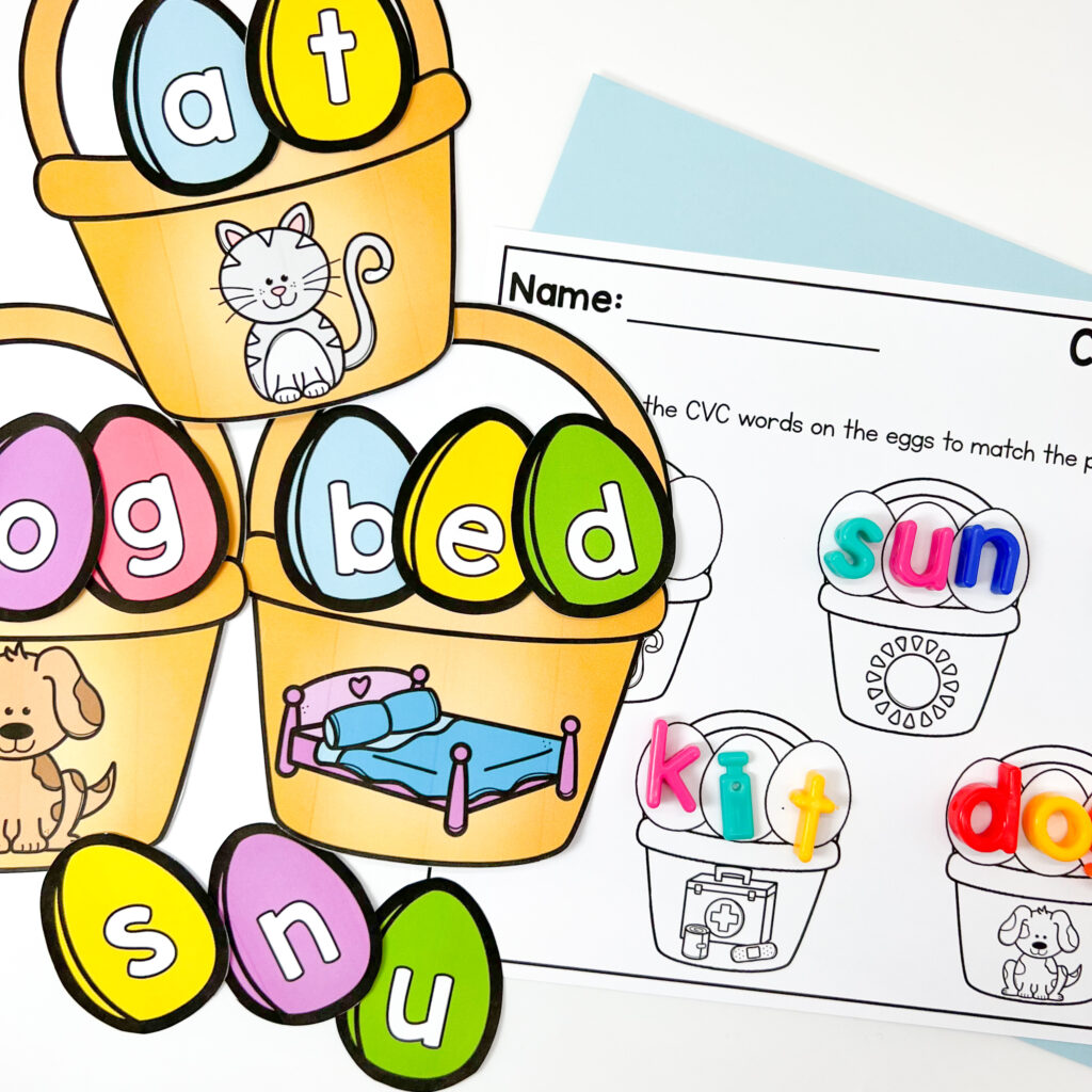 CVC Easter basket center being done two ways.  One with the paper basket and egg letters, the other with letter tiles on a worksheet.