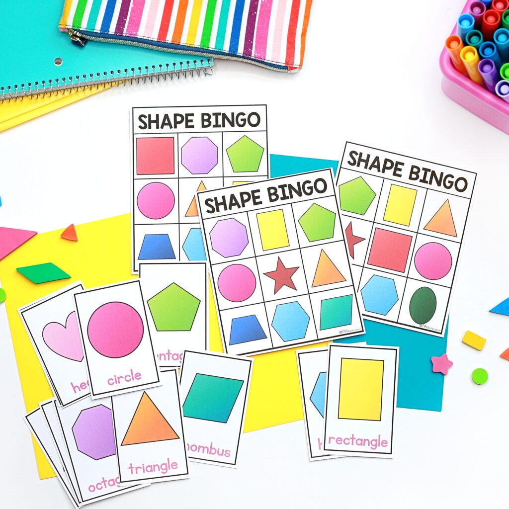 Three Shape Bingo cards with the corresponding cards for playing the game.