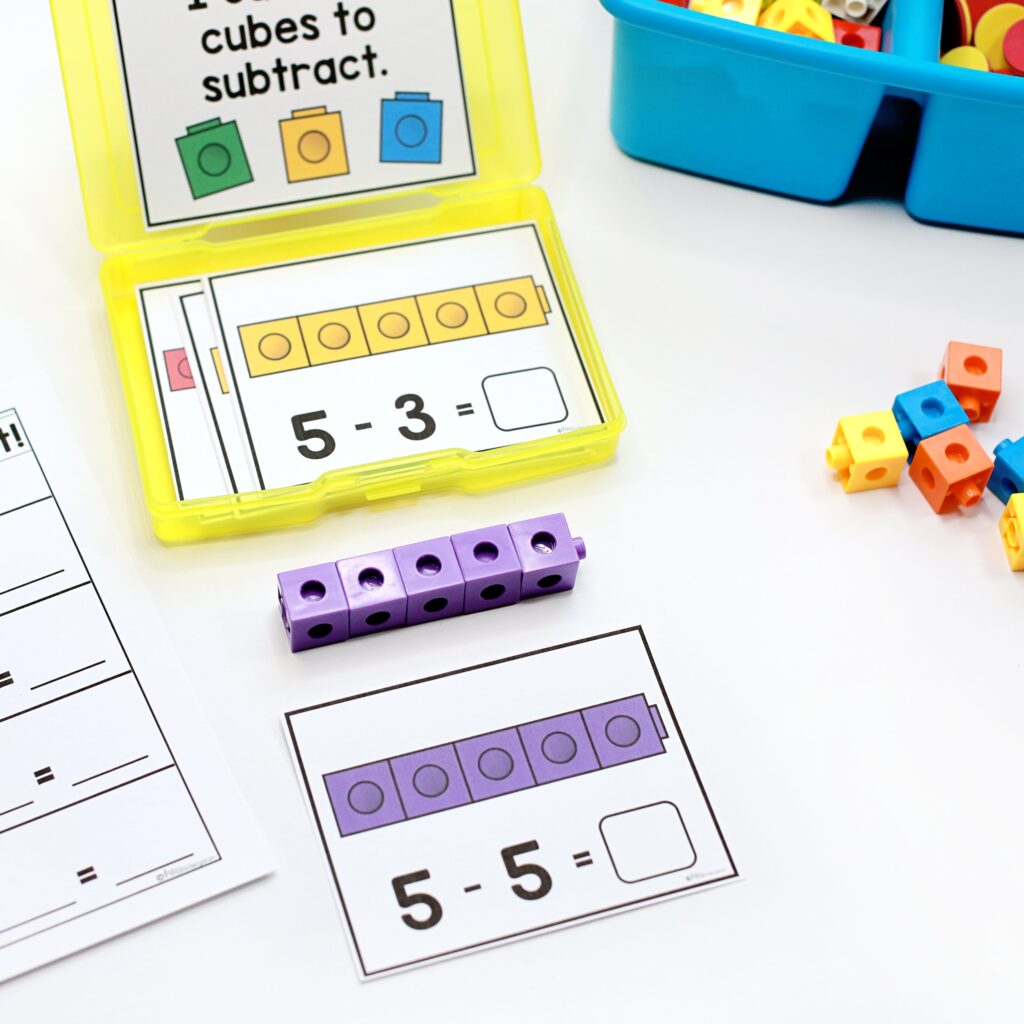 Unifix cube math task cards are being used for teaching subtraction