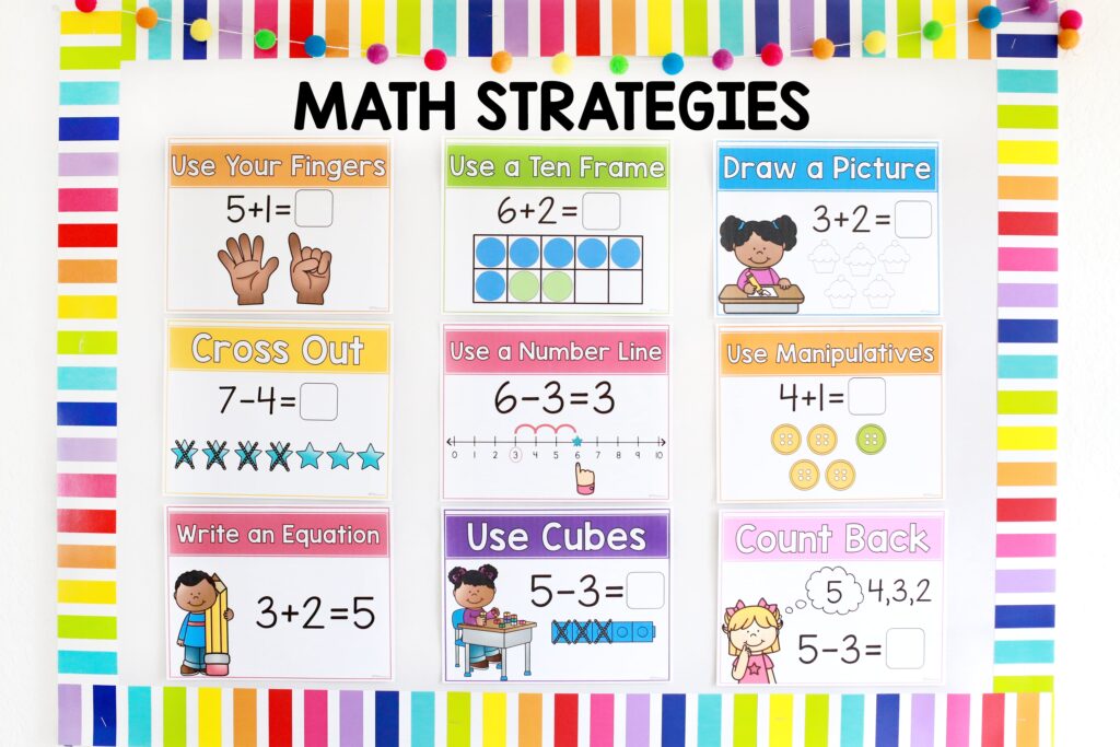 A colorful kindergarten bulletin board with nine different illustrated math strategy cards.