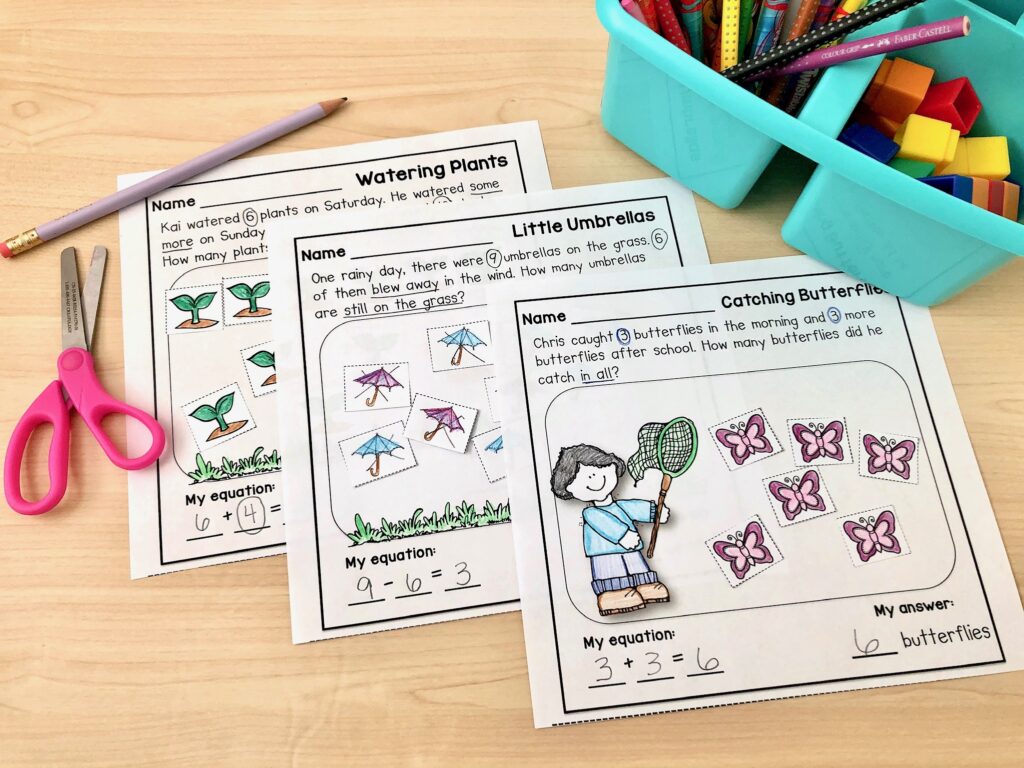 Three completed word problem worksheets for kindergarten
