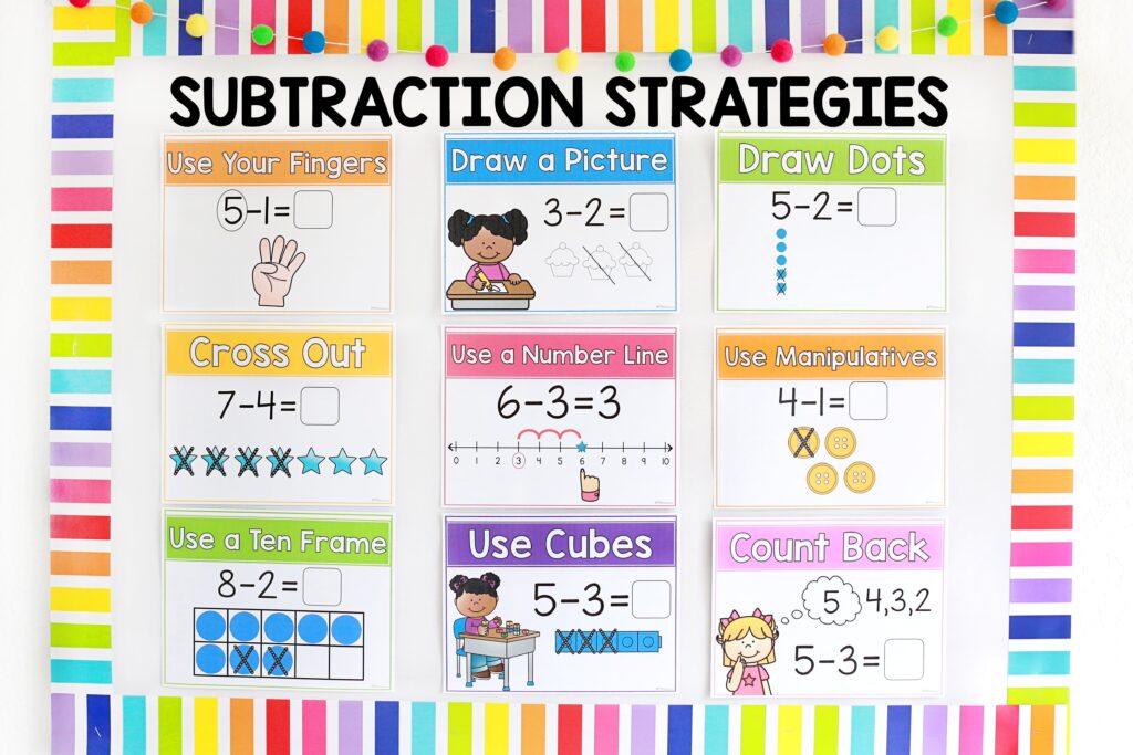Subtraction strategy posters on a colorful bulletin board