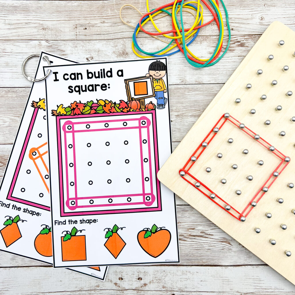 Creating a square on a geoboard with fall themed cards