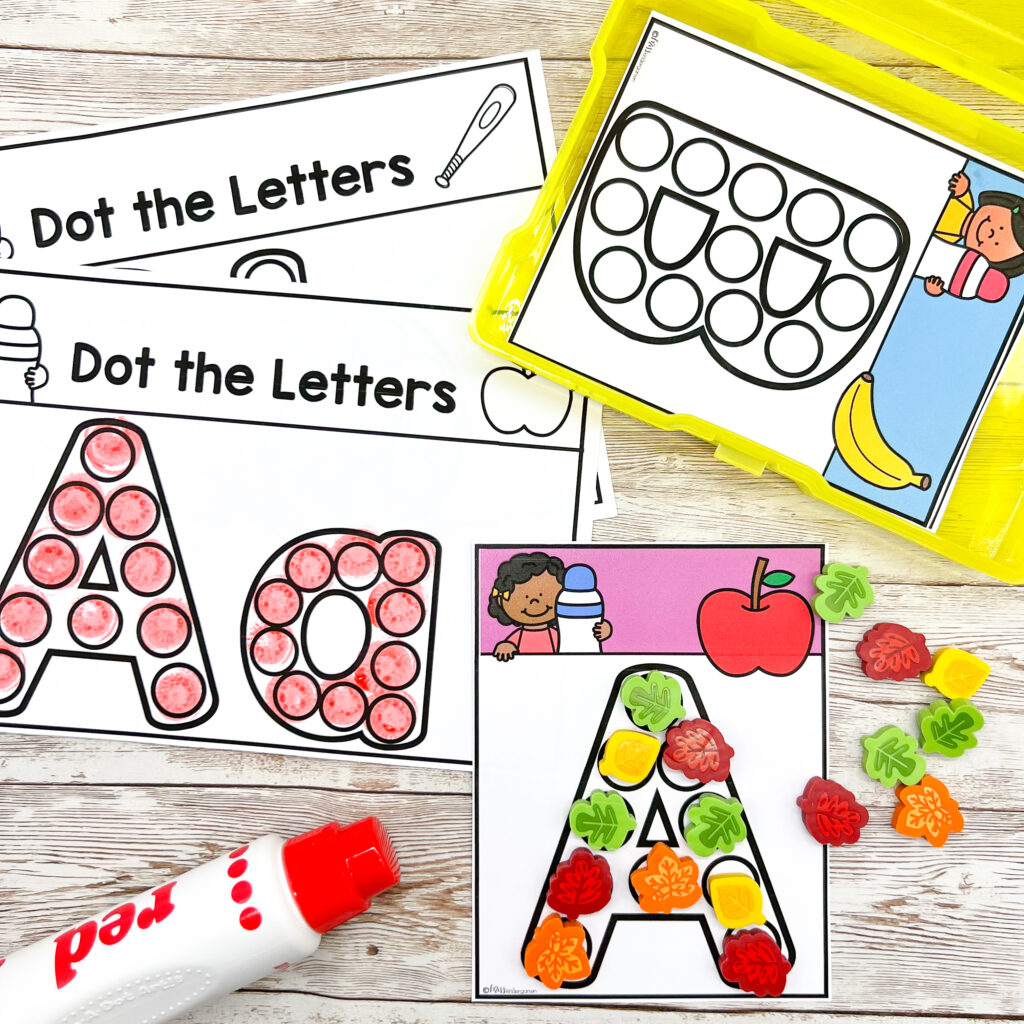 A completed dot the letters activity