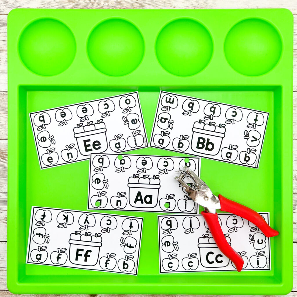 Five letter identification cards with a hole punch