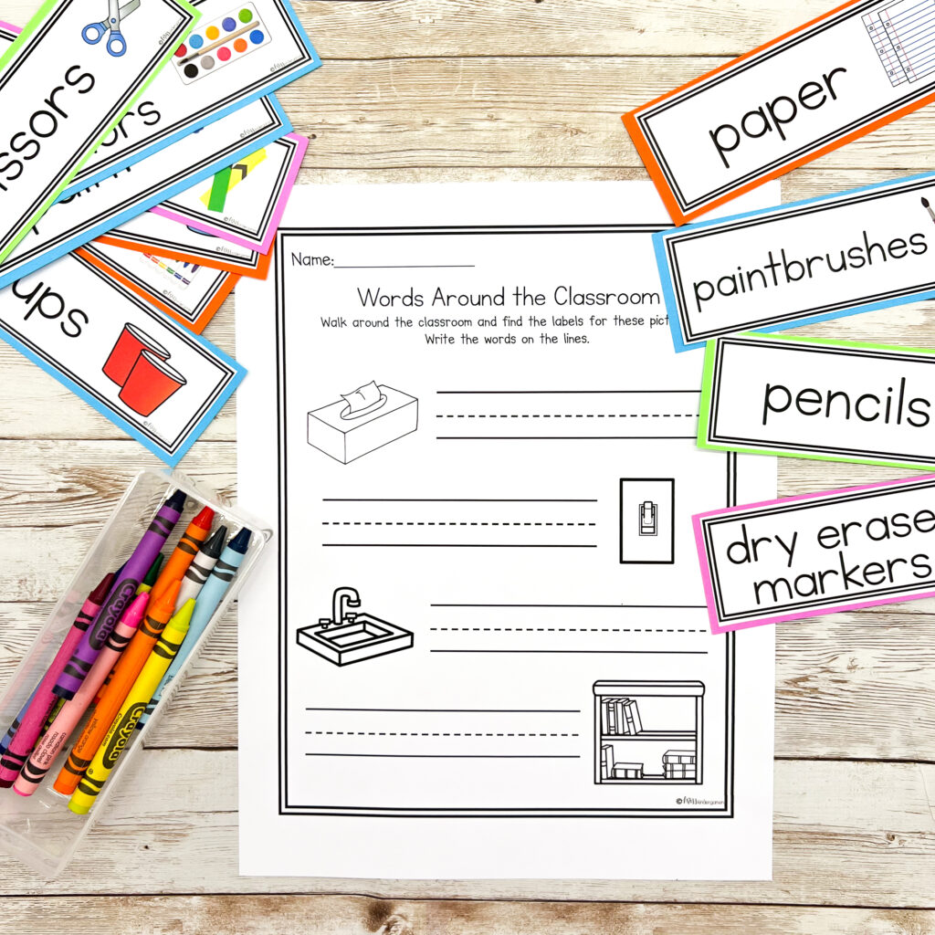 A write the room worksheet with classroom labels