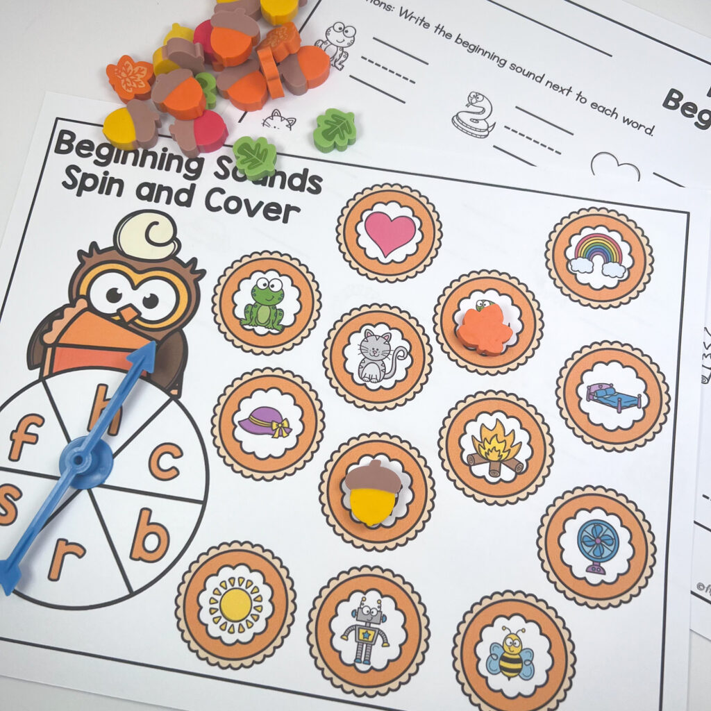 A Thanksgiving themed spin and cover activity with fall mini erasers