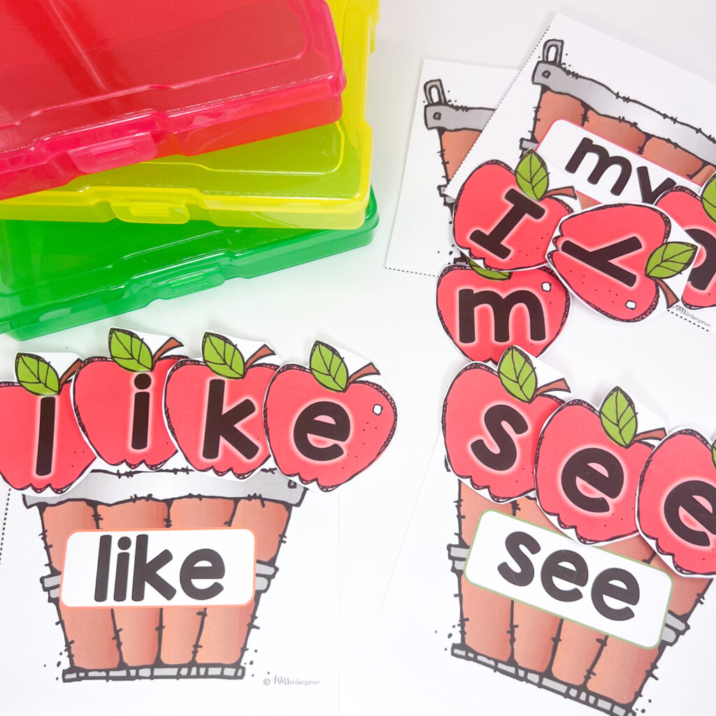 Spelling sight words with apple letter cards