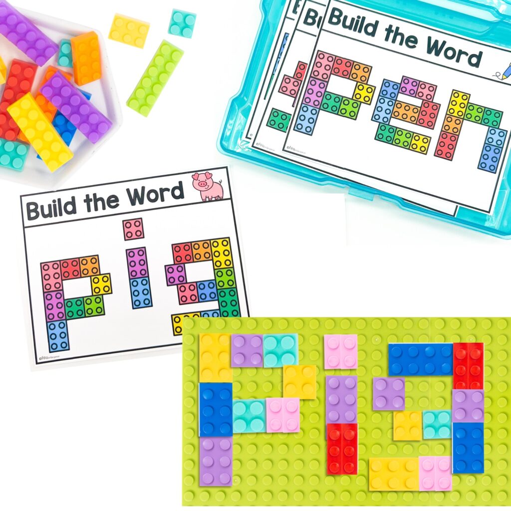 Building the word "pig" pig with blocks