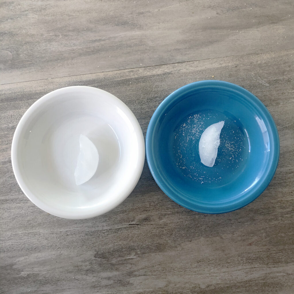 Two ice cubes in dishes
