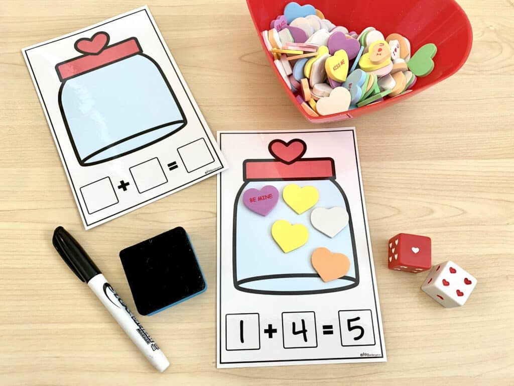 A valentine themed addition center activity