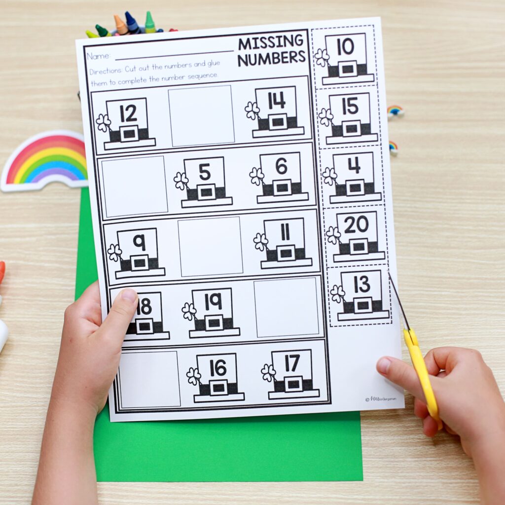 Cutting numbers for a St. Patrick's Day printable activity