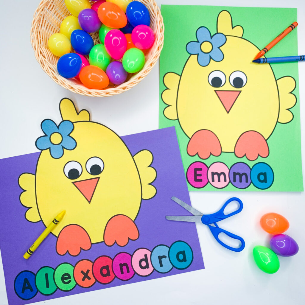 Two completed spring chick name crafts