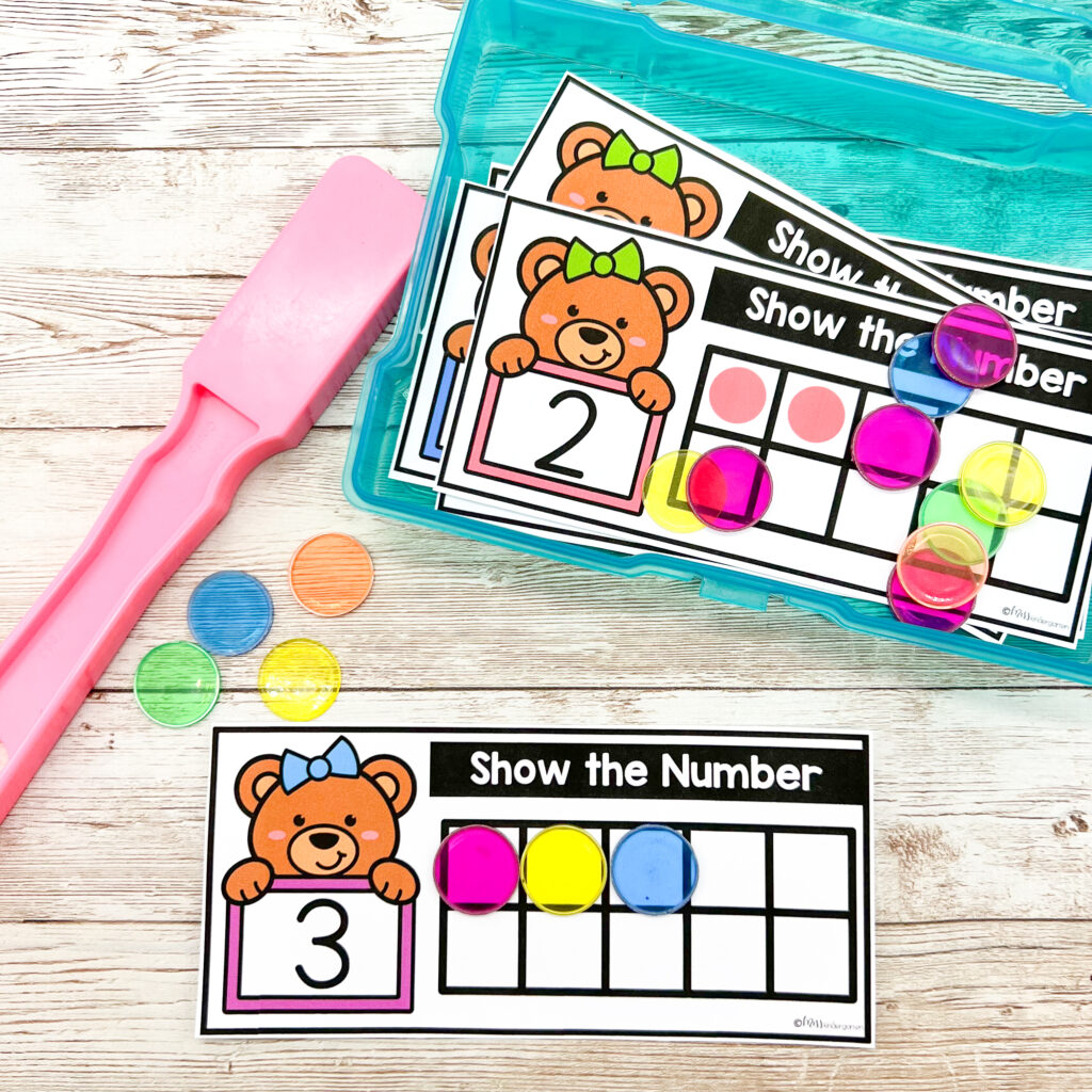 Show the number activity with a ten frame and colorful counters