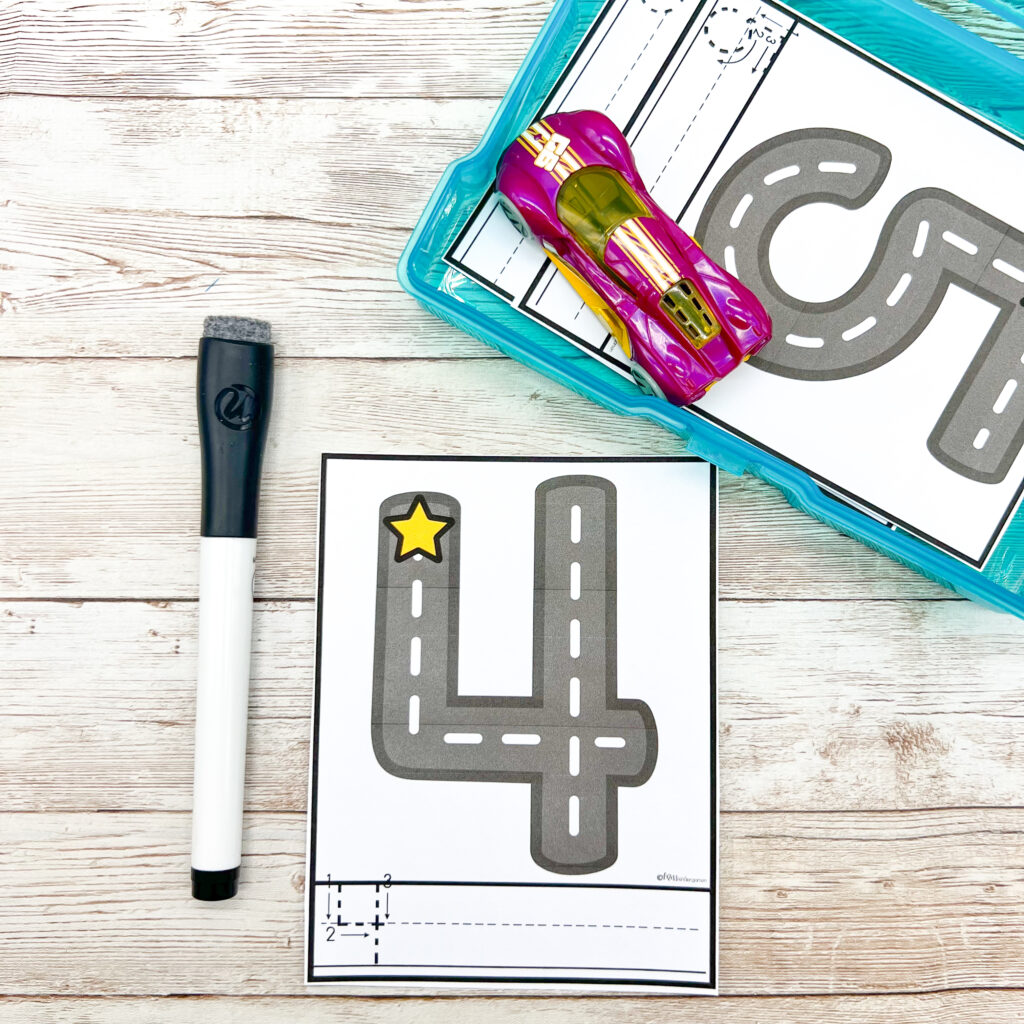 Number tracing cards with a road and toy car