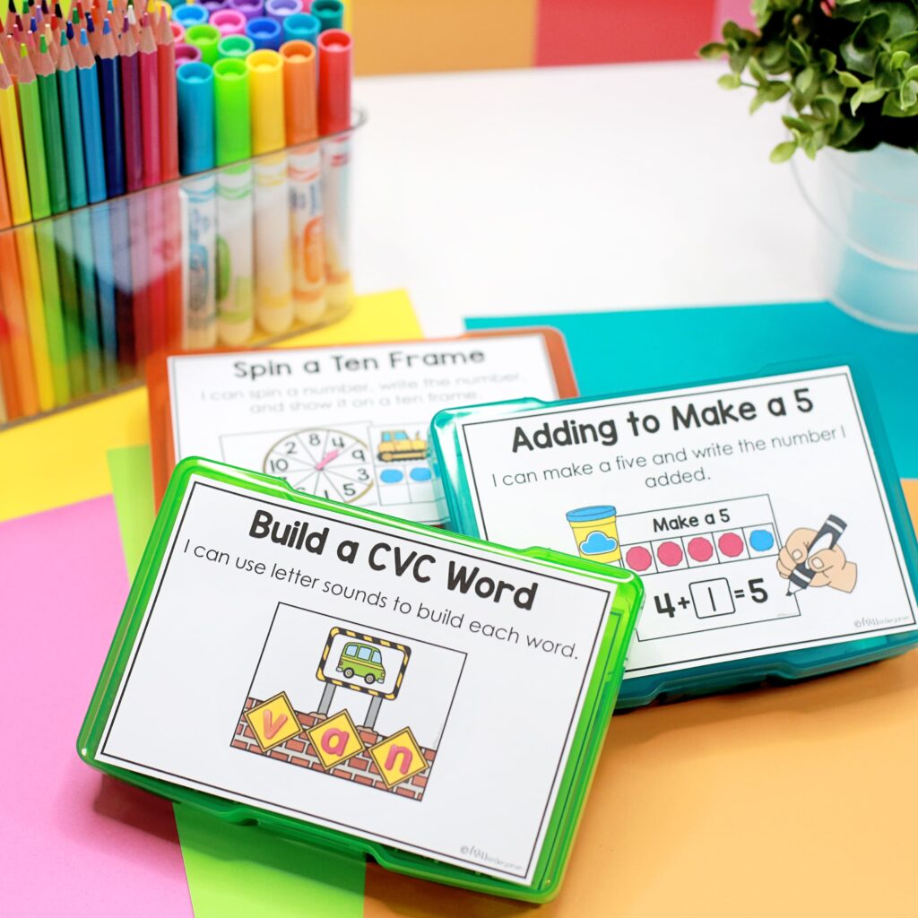 Three task card boxes for center task cards
